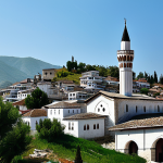 "The King Mosque (Xhamia Mbret) in Berat, Albania, showcasing Ottoman architecture with its elegant minaret, surrounded by white houses perched on a hill, fully clothed people in the background, appropriate attire, safe for work, perfect anatomy, natural proportions, professional photography, high quality, modest scene."