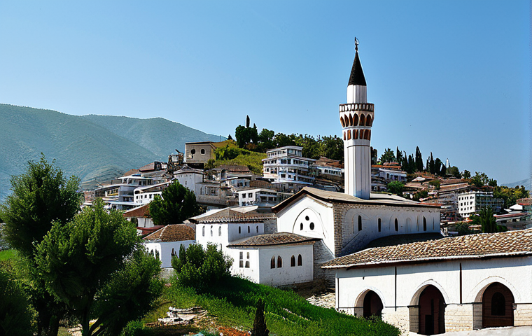 "The King Mosque (Xhamia Mbret) in Berat, Albania, showcasing Ottoman architecture with its elegant minaret, surrounded by white houses perched on a hill, fully clothed people in the background, appropriate attire, safe for work, perfect anatomy, natural proportions, professional photography, high quality, modest scene."