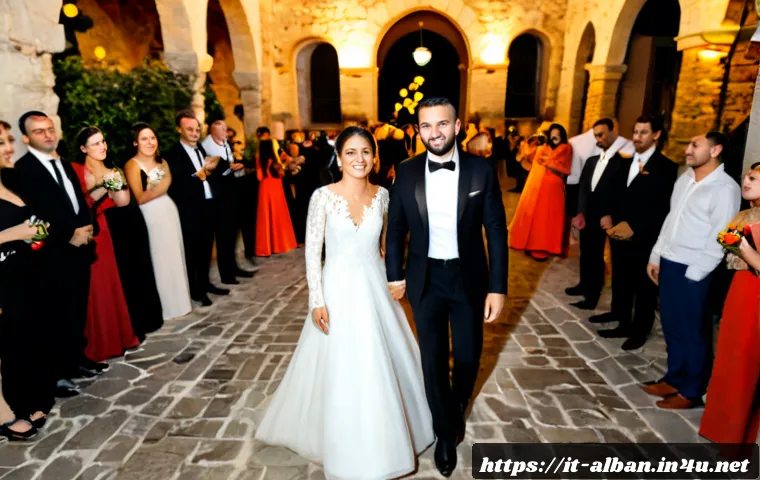 알바니아 결혼 문화 - Photorealistic Albanian wedding reception in a warmly lit traditional stone courtyard, bride in an e...